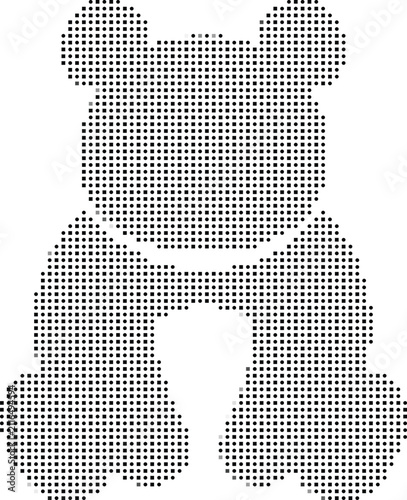 A cute teddy bear silhouette formed by a pattern of small black circles and squares on a clean white background, for projects