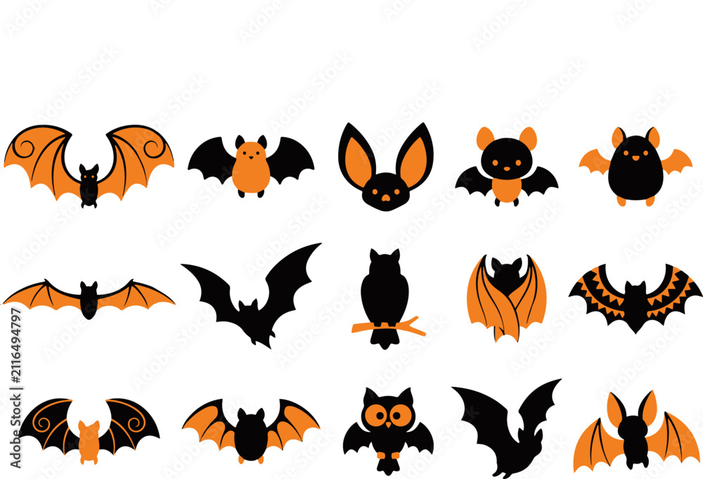 Obraz premium Set of cute cartoon bats and owls for halloween decorations and festive holiday design elements on white background