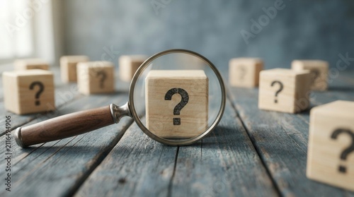 Obraz na plátne Investigation and research concept featuring a magnifying glass focused on wooden blocks with question marks for problem identification