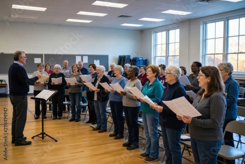 Community elders singing together in a school auditorium — Emotive image that emphasizes intergenerational community ties, cultural participation, and the joy of group singing