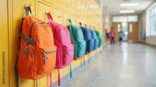 Students prepare for study with colorful backpacks hanging on yellow school lockers.