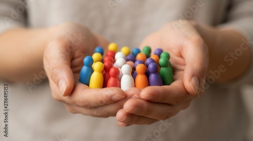 Close-up view of a group of small stylized figures in various colors representing unity.
