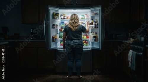 Fotografía Late night eating habit and emotional eating: overweight woman looking for a midnight snack in an open fridge