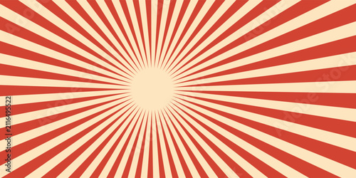 Retro red background with vintage circus sunburst. Psychedelic colorful swirl poster, abstract pattern in 70s carnival style. Hypnotic sunburst vector illustration.
