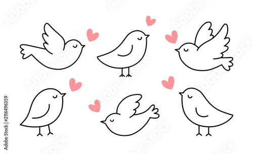 Minimalist line art bird icons with pink heart symbols in various flying and perched poses. Cute love bird vector illustration set isolated on white background, ideal for logos, Valentine's Day, weddi