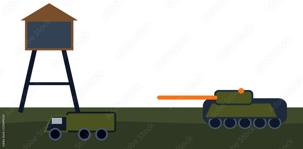Obraz premium Military tank and truck near water tower on transparent background