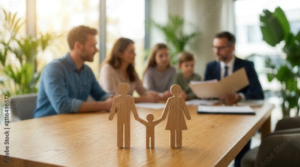 Fototapeta premium Family and attorney at a table discussing future planning for wealth, inheritance, and offspring care.