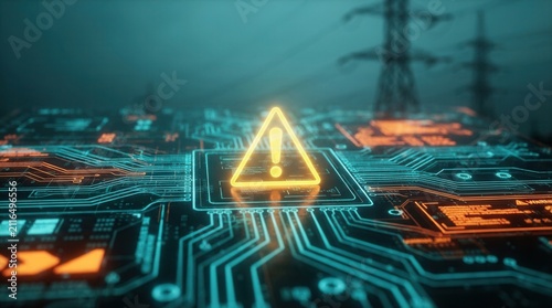 Electrical grid cyber-attack attempt and cyber security risk shown on a digital interface with power lines and flashing warning alerts.