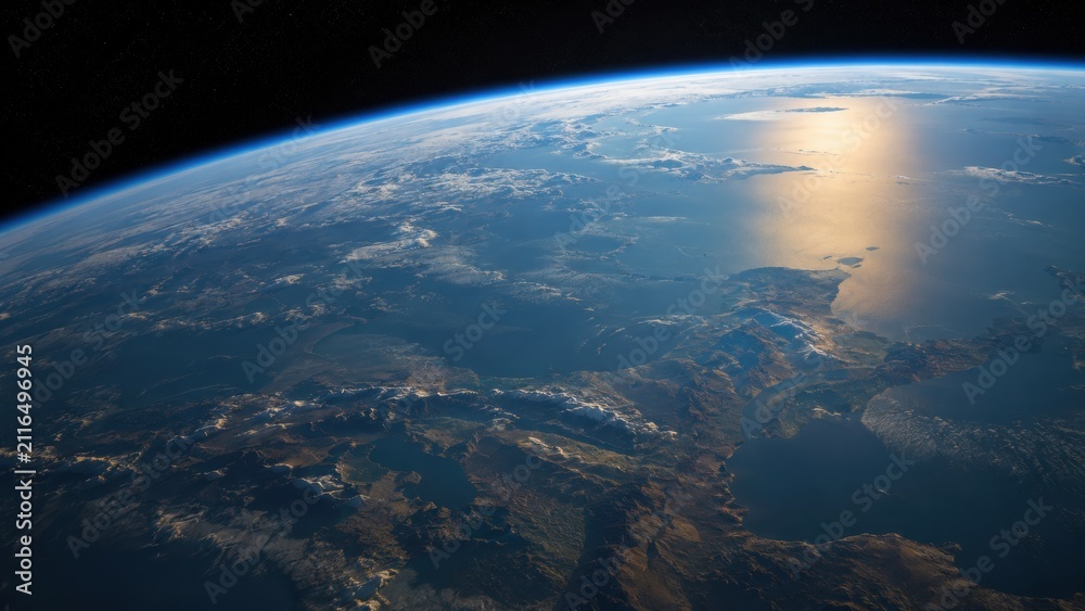 Fototapeta premium Aerial View of Earths Surface with Ocean and Mountain Ranges as Seen From Above with focus on earth space mountains.