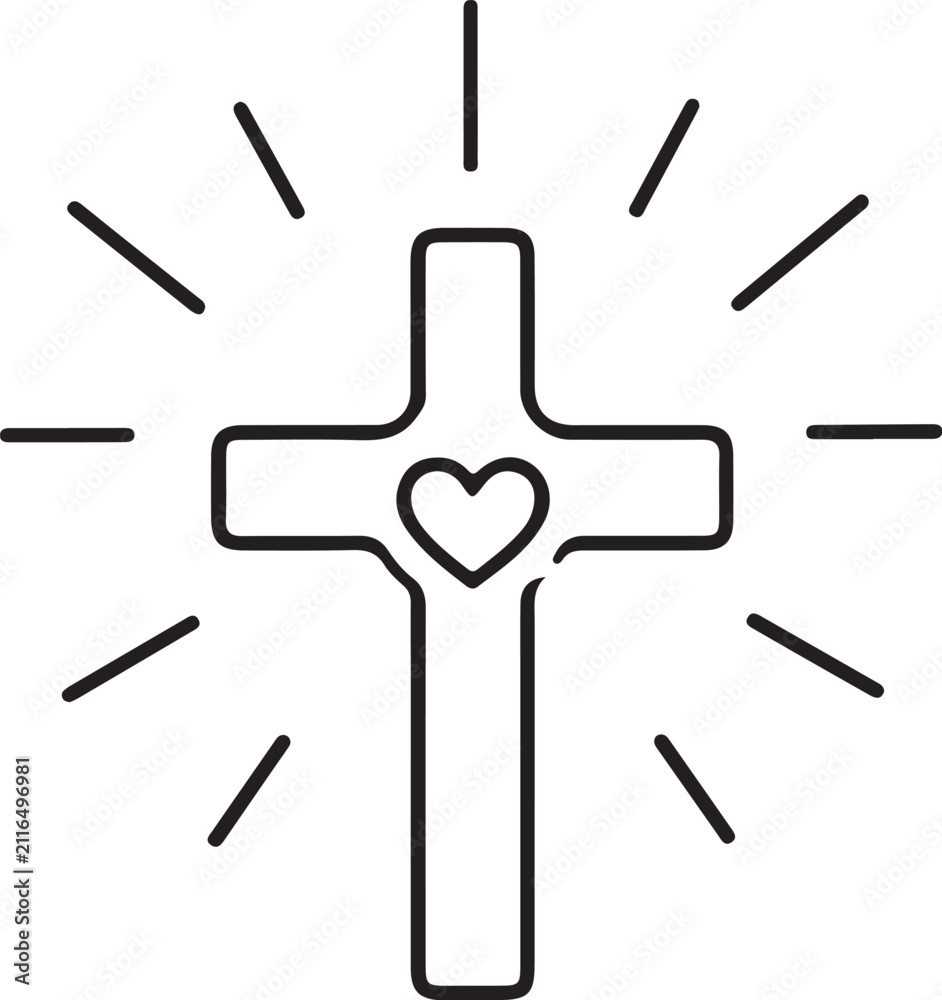 Obraz premium Line Art Cross with Heart and Radiating Rays Isolated