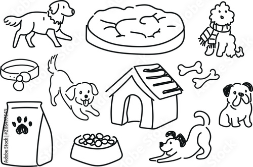 Hand Drawn Dog Care Accessories and Playful Pets Doodle Collection