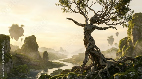 3D render of an extraordinary and imaginative nature wonder featuring a majestic tree whose trunk and branches have naturally grown into the unmistakable silhouette of a human body gracefully
