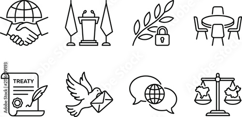 Obraz na plátne International Diplomacy and Peace Treaty Icon Set with Handshake Podium Olive Br