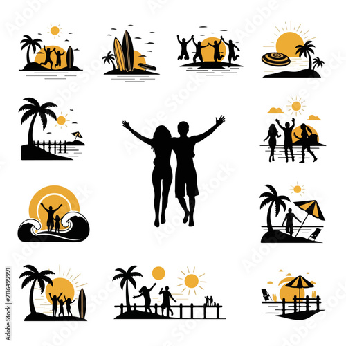 Fotografie Silhouette illustrations of beach vacation activities and couples