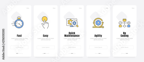 Tech product features onboarding screens. Developer experience solutions. User centric software framework. UX UI walkthrough 5 steps. Flat design with icons. Modern mobile app introduction flow