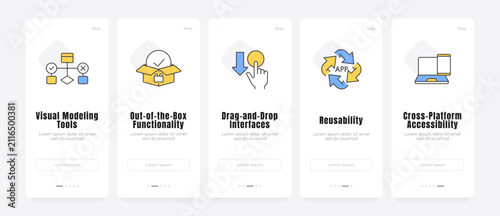Enterprise digital transformation solutions onboarding screens. Software development frameworks. UX UI walkthrough 5 steps. Flat design with icons. Modern mobile app introduction flow