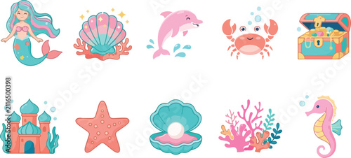 фотографія Mermaid, seashell with pearl, dolphin jumping, crab, treasure chest, underwater castle, starfish, coral reef, seahorse, bubbles, ocean life