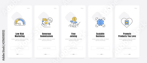 Affiliate marketing program onboarding screens. Revenue streams performance. Product monetization models. UX UI walkthrough 5 steps. Flat design with icons. Modern mobile app introduction flow