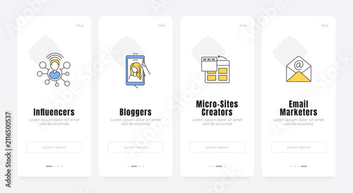 Target audience segments onboarding screens. User acquisition funnel. Creator economy monetization streams. UX UI walkthrough 4 steps. Flat design with icons. Modern mobile app introduction flow