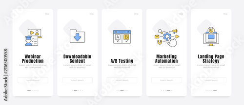 Growth marketing strategy overview onboarding screens. Conversion rate optimization. Data driven marketing. UX UI walkthrough 5 steps. Flat design with icons. Modern mobile app introduction flow