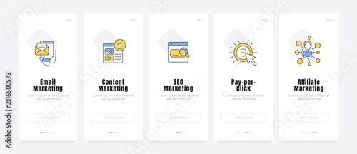 Digital marketing strategy channels onboarding screens. Core traffic acquisition pillars. Brand engagement. UX UI walkthrough 5 steps. Flat design with icons. Modern mobile app introduction flow