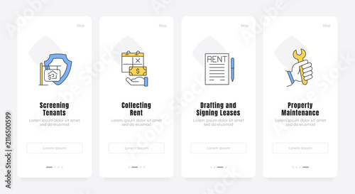 Streamlined property management workflow onboarding screens. Modern real estate asset oversight. UX UI walkthrough 4 steps. Flat design with icons. Modern mobile app introduction flow