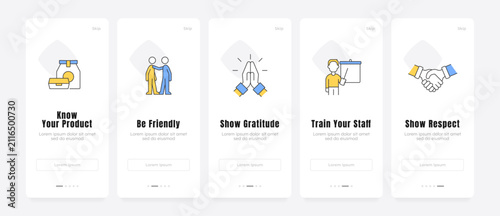 Customer service excellence essentials onboarding screens. Core brand value. Client relationship strategies. UX UI walkthrough 5 steps. Flat design with icons. Modern mobile app introduction flow