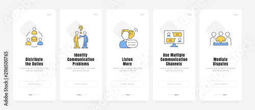 Effective team management workflow onboarding screens. Optimizing collaborative workplace communication. UX UI walkthrough 5 steps. Flat design with icons. Modern mobile app introduction flow