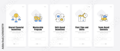 Workforce engagement strategy frameworks onboarding screens. Modern employee retention models. Corporate talent. UX UI walkthrough 5 steps. Flat design with icons. Modern mobile app introduction flow