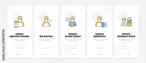 Career path discovery onboarding screens. Software development professions. Modern digital role selection. UX UI walkthrough 5 steps. Flat design with icons. Modern mobile app introduction flow