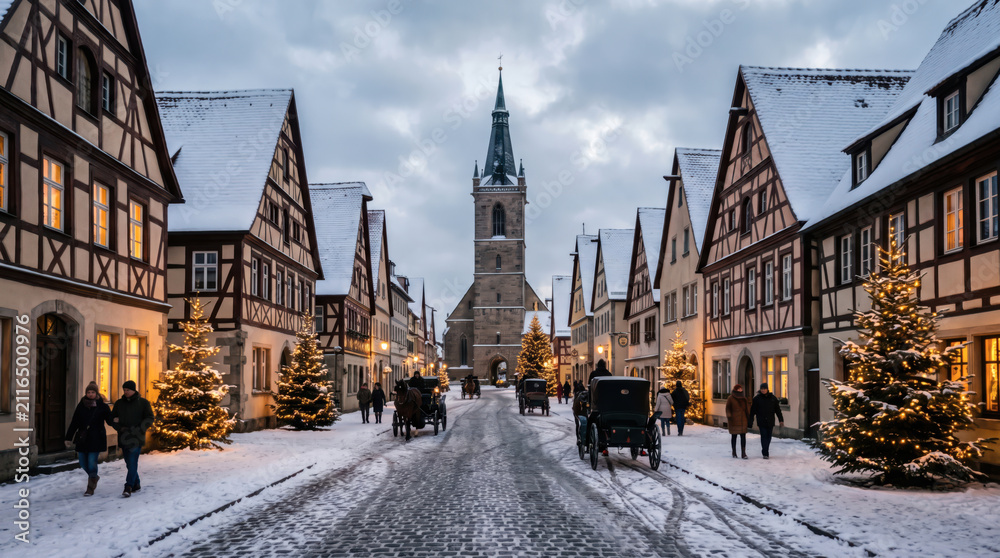 Obraz premium Historic European Town Street Covered in Snow with Christmas Trees