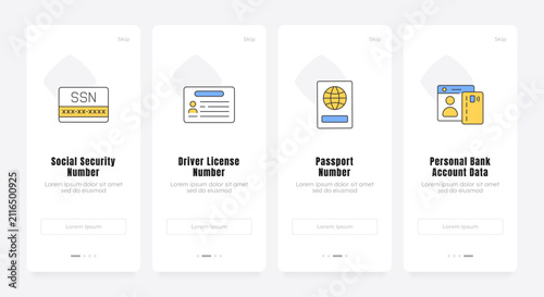 Mobile identity standard verification onboarding screens. Digital wallet credentials. Secure personal data. UX UI walkthrough 4 steps. Flat design with icons. Modern mobile app introduction flow