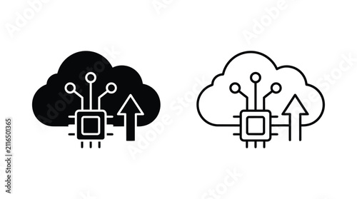 Cloud Computing Icon With Circuit Board And Upload Arrow Line Art