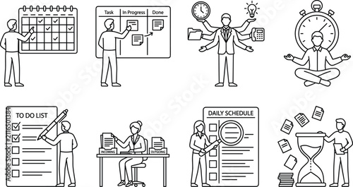 Time Management and Productivity Icon Set with Business Professionals Managing Workflows Tasks Schedules and Deadlines