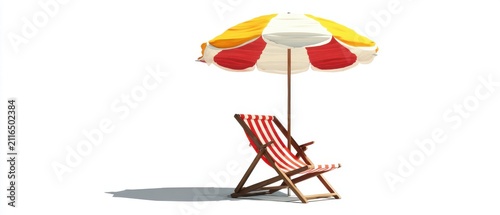 Isolated Beach Chair and Umbrella Illustration on White Background Summer Vacation Concept Studio Shot