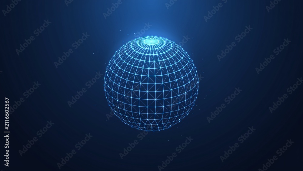 Obraz premium Glowing blue wireframe sphere with connected nodes and grid lines
