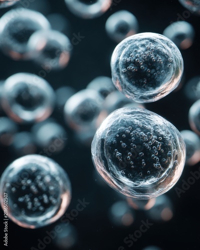 Abstract close-up of cells floating in dark space, microscopic view of cellular structure and biology, scientific illustration
