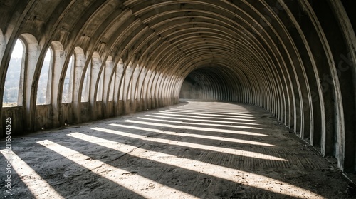 An empty, curved concrete tunnel features a row of arched windows casting long, dramatic geometric shadows across the dirt ground.