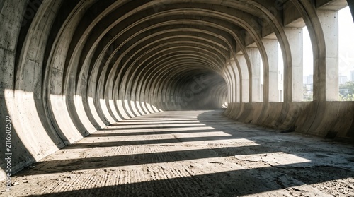 An empty, curved concrete tunnel features a row of arched windows casting long, dramatic geometric shadows across the dirt ground.