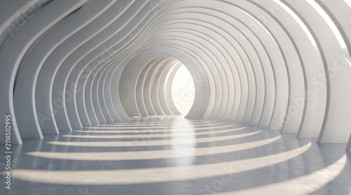 A futuristic, bright-white concrete tunnel with repeating circular arches casts long, parallel shadows across a smooth, polished floor.