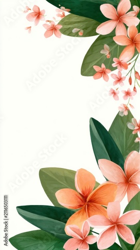 Watercolor Frangipani Flowers with Green Leaves Illustration in Vertical Orientation for Floral Design Projects