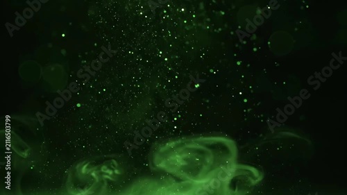 緑色に発光する粒子と煙のアブストラクト空間（宇宙, 背景, CG, サイバー）
