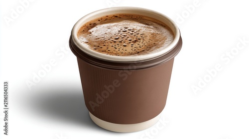Close-up of Steaming Coffee in Brown Paper Cup on White Background, Eye-Level Shot, Studio Lighting, Perfect for Morning Routine or Cafe Menu