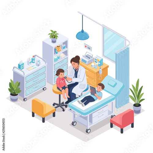 Pediatrician examining children in modern clinic setting.