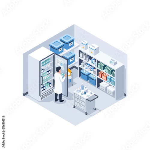 Scientist in modern laboratory with medical equipment.