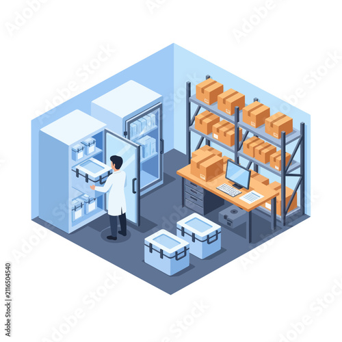 Scientist working in a modern laboratory with storage shelves.