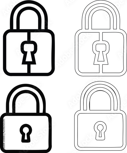 Minimalist padlock icon set with open and closed designs in bold and outline styles perfect for security technology and graphic resources