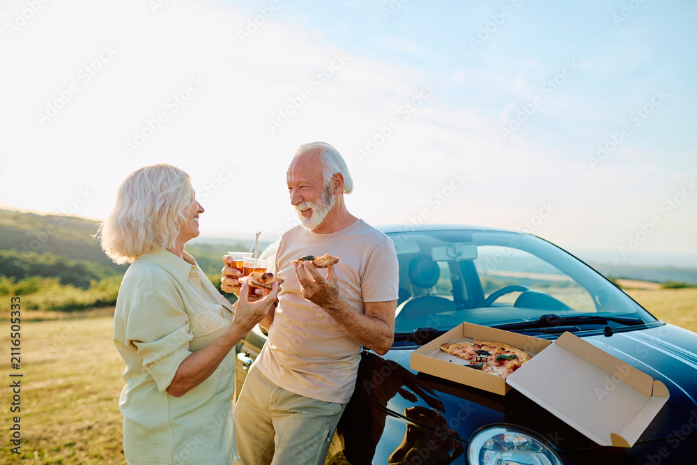 Fototapeta premium Senior couple sharing a meal by their compact car on a sunny day, representing retirement, travel, and adventure