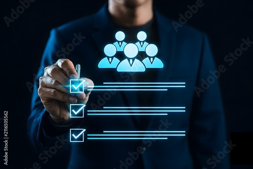 Human resources management concept. Businessman marking digital checklist for talent selection. recruitment, employee evaluation, screening, candidate, leadership, professional hiring process, HR
