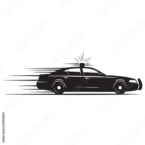 Police car silhouette vector with speed lines and flashing siren for law enforcement and emergency pursuit